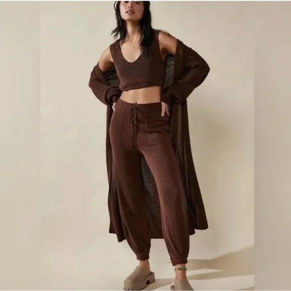 FREE PEOPLE BEACH L Brown knit woman living lounge tank pant set boho casual - Picture 1 of 16